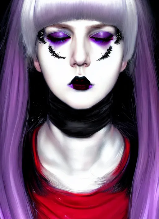 Image similar to portrait of white teenage girl, normal face, white bangs, mall goth, cyberlox, black and white hair, bangs, fluffy bangs, red contact lenses, purple lipstick, intricate, elegant, highly detailed, digital painting, artstation, concept art, sharp focus, smooth, illustration, art by wlop, mars ravelo and greg rutkowski