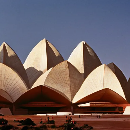 Image similar to futuristic lotus temple with gold, red and white marble panels, in strong sunshine in the desert, by buckminster fuller and syd mead, intricate contemporary architecture, photo journalism, photography, cinematic, national geographic photoshoot