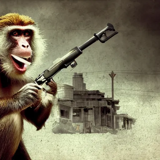 Image similar to realistic photo, a monkey holding a gun dressed as a cowboy, post apocalyptic city