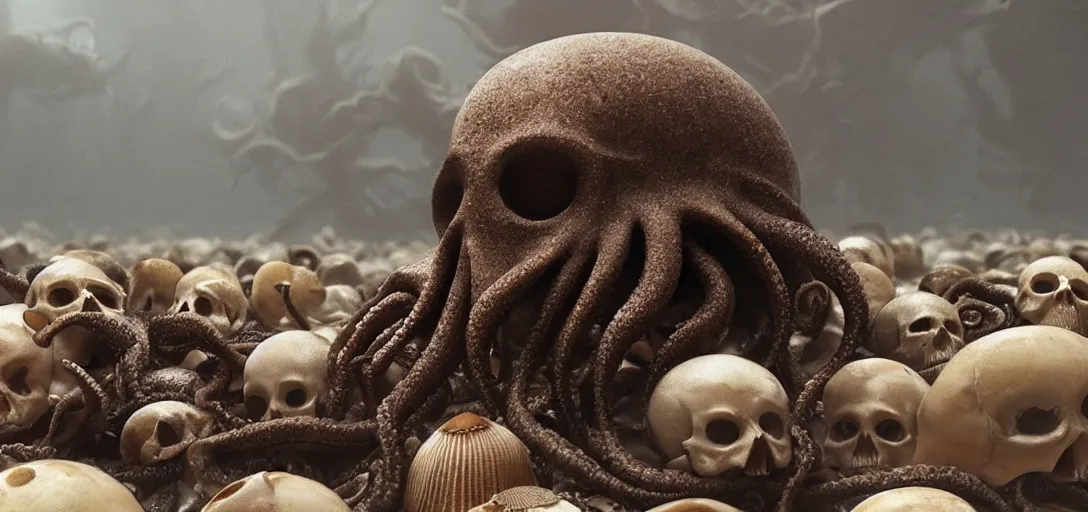 Prompt: an octopus in the shape of a skull surrounded by seashells at noon, foggy, cinematic shot, photo still from movie by denis villeneuve, wayne barlowe