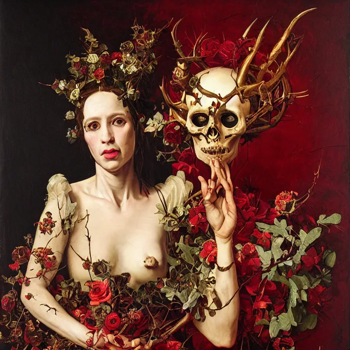 Prompt: portrait of a woman with a golden skull mask on face, a wreath of thorns, a dress of bones and roses, horns, snakes, smoke, flames, full-length, oil painting in a renaissance style , very detailed, red background, painted by Caravaggio, Greg rutkowski, Sachin Teng, Thomas Kindkade, Alphonse Mucha, Norman Rockwell, Tom Bagshaw.