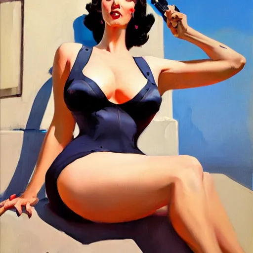 Prompt: greg manchess portrait painting of overwatch's widowmaker as sexy 1 9 5 0's pinup art, medium shot, asymmetrical, organic painting, sunny day, matte painting, bold shapes, hard edges, street art, trending on artstation, by huang guangjian and gil elvgren and sachin teng