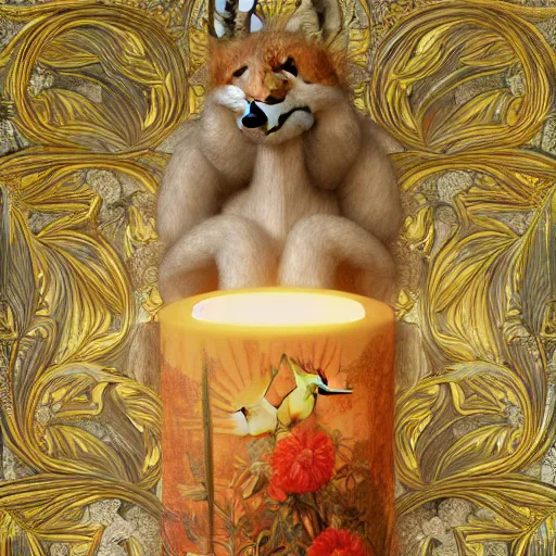 Image similar to hyperrealistic detailed candle fox in baroque painting, lights, art by ernst haeckel, john william godward, hammershøi, alphons mucha, pontormo, ornamental, decorative, art nouveau wallpaper, lights by hopper, pastel deep colours,