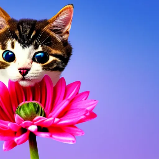 Image similar to very cute and tiny cat with horn sitting on a Dahlia flower flying on a pink cloud, sky background, pixar style, cinematic lightning, award winning creature photography