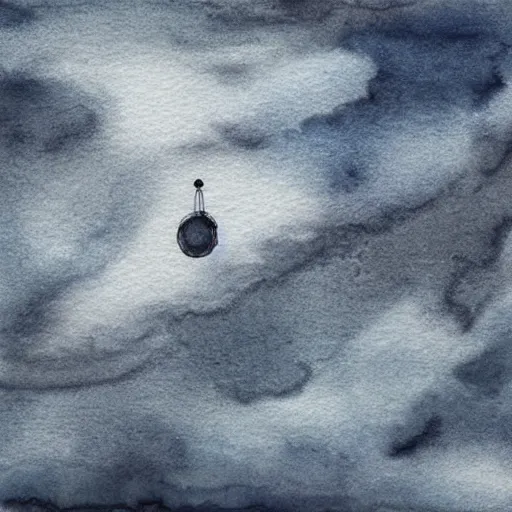 Prompt: high - angle view, from 1 0 0 0 feet in distance, vague uap interstellar vehicle on top of dramatic moody clouds in the sky, muted ink and watercolor. minimalist, detailed, muted colors. ue 5