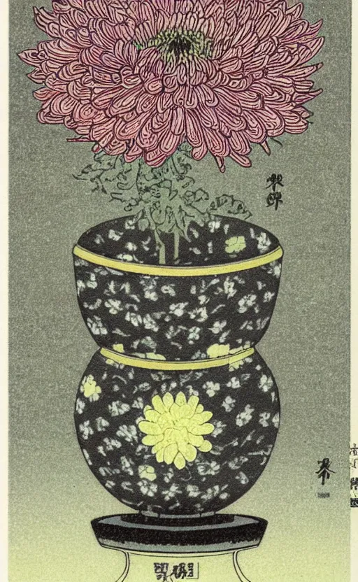 Image similar to by akio watanabe, manga art, chrysanthemum inside sake cup, trading card front