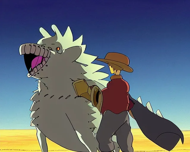 Image similar to a cell shaded cartoon grey lovecraftian mechanic wolf from howl's moving castle ( 2 0 0 4 ), with a big head, on a desert road, wide shot, studio ghibli, hq