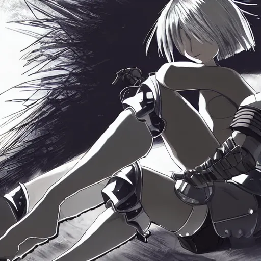 Image similar to blindfolded nier 2 b reclining in heavy armor by studio ghibli