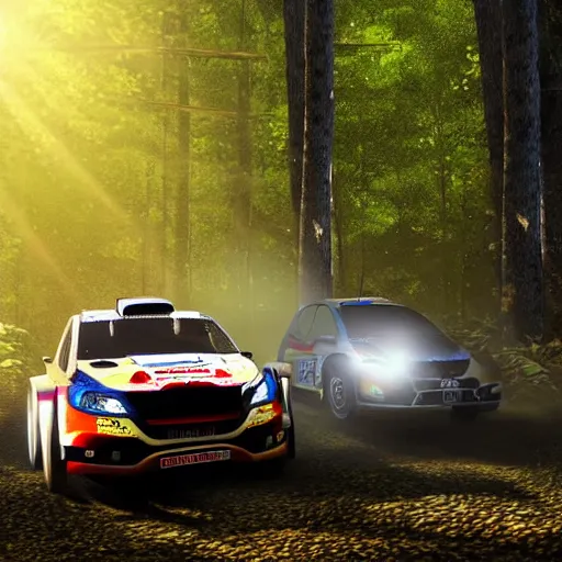 Prompt: 3 rally cars racing through a forest with a river behind them, sun shining through the trees, motion blur high detail ultra realistic