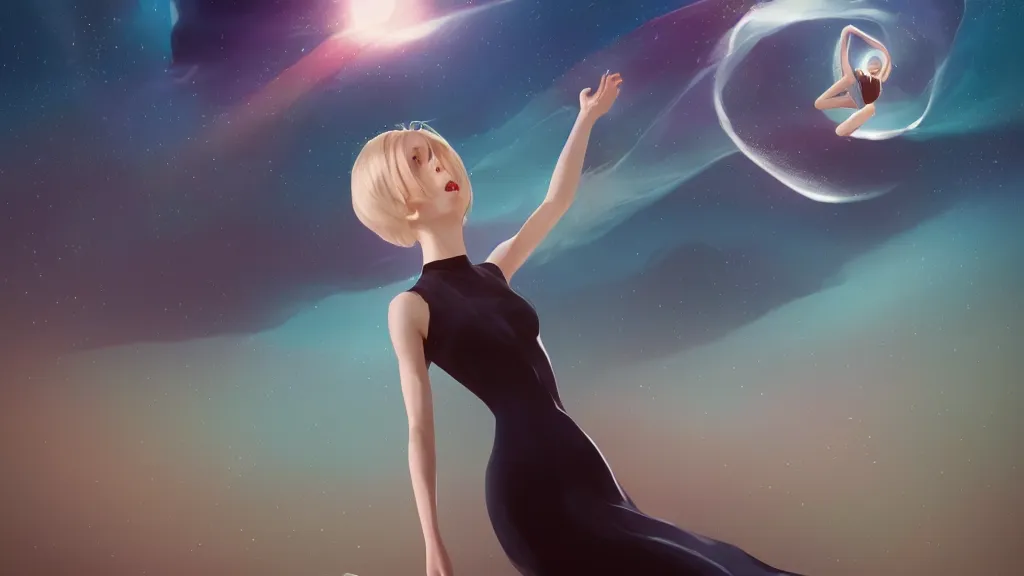 Image similar to whimsical, a beautiful whimsical woman, wearing professional makeup, standing in a lake, raising an arm, under a binary black hole with a ring, by Ilya Kuvshinov, by Steve Argyle, by artgerm, by Studio Ghibli, face enhance, volumetric lighting, 4k resolution, octane render, trending on artstation