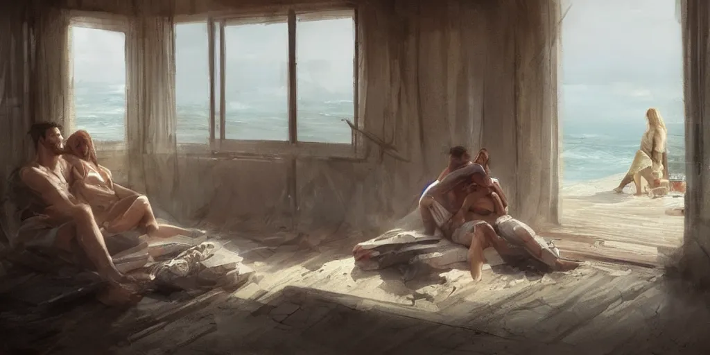 Prompt: a man cuddling his wife in their house by the beach, by greg rutkowski, trending on artstation