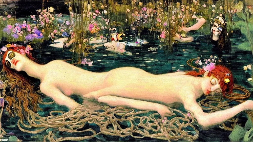 Image similar to prompt: beautiful girl sleeping in the lake with shining face painted by Valentin Serov, nymph in the water performing alchemy, cyborg and robot broken lying around the nymphs, small tiger statue flowers and cables and wire around, artifacts and ancient book, intricate oil painting, high detail, Neo-expressionism