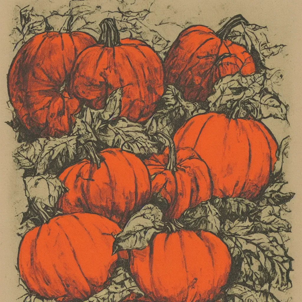 Prompt: vintage risograph of one pumpkin