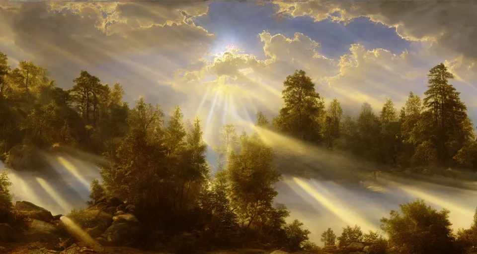 Image similar to heaven with angels floating on clouds god rays, by eugene von guerard, ivan shishkin, trending on artstation, 8 k