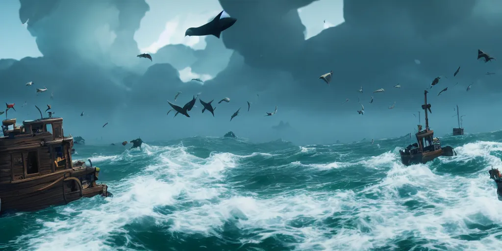 Image similar to a group of stingray, rays and sharks flying in the sky in a rough sea, sea of thieves style, unreal engine, cinematic, waves, fog, clouds, rain