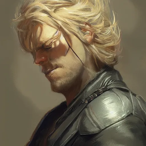 Image similar to portrait of a man by Greg Rutkowski, Cade Skywalker from Star Wars Expanded Universe, he is about 30 years old, manly, strong, messy blond hair, wearing a leather jacket, highly detailed portrait, digital painting, artstation, concept art, smooth, sharp foccus ilustration, Artstation HQ