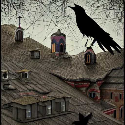 Image similar to A clown on the roof of the church playing with crows, by Android Jones and M. C. Escher collaboration, futurist, digital art, dramatic lighting, symbolic