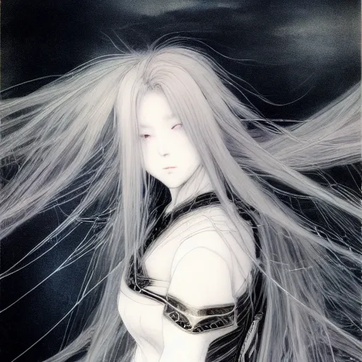 Image similar to yoshitaka amano blurred and dreamy realistic illustration of an anime girl with wavy white hair fluttering in the wind and cracks on her face wearing elden ring armour with the cape, abstract black and white patterns on the background, noisy film grain effect, highly detailed, renaissance oil painting, weird portrait angle