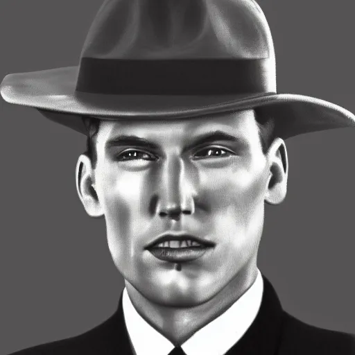 Image similar to A photograph portrait of Jerma985 wearing a suit with and fedora in the 1940s, taken in the early 1940s, grainy, taken on a 940s Kodak Camera, realistic, hyperrealistic, very realistic, highly detailed, very detailed, extremely detailed, detailed, digital art, trending on artstation