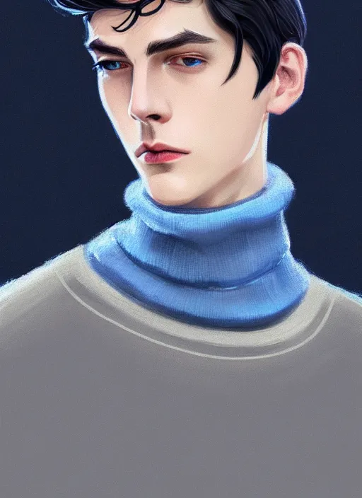 Image similar to portrait of teenage jughead jones, wearing a light grey crown, light grey crown, blue turtleneck sweater 1 9 5 0 s, intricate, elegant, glowing lights, highly detailed, digital painting, artstation, concept art, smooth, sharp focus, illustration, art by wlop, mars ravelo and greg rutkowski