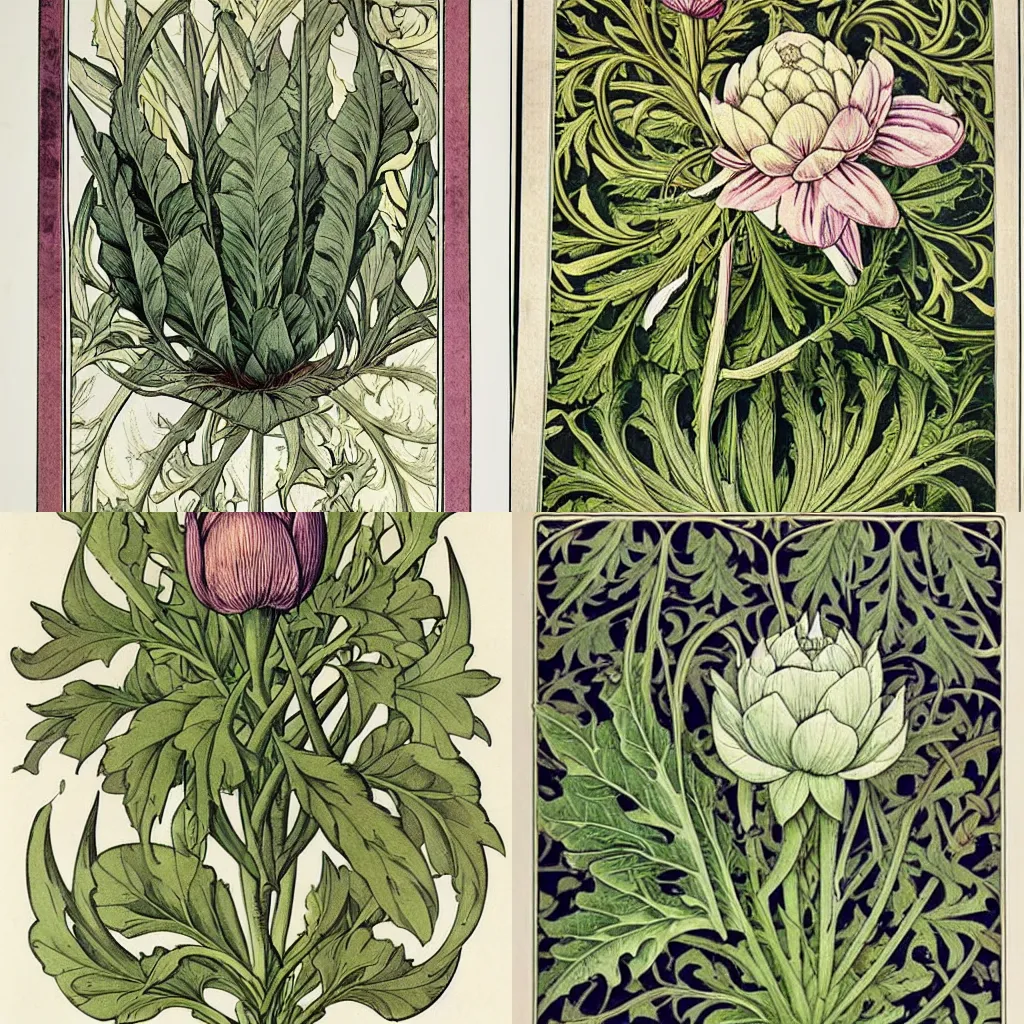 Prompt: art nouveau botanical print, artichoke, henry gille, william morris