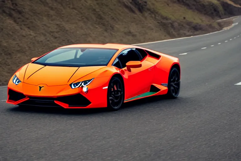 Image similar to a lamborghini huracan racing on a highway in the morning, very detailed, photo realistic, 8 k uhd, car photography