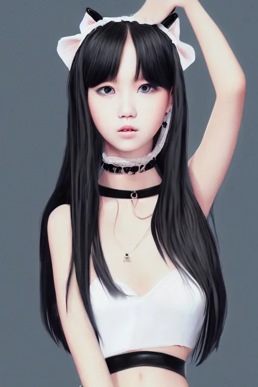 Image similar to realistic detailed semirealism beautiful gorgeous cute Blackpink Lalisa Manoban wearing white wet silky dress, black hair black cat ears, black leather choker, proportional body, WLOP, Aztodio, Taejune Kim, sakimichan, ArtGerm, Pixiv, Instagram, Artstation