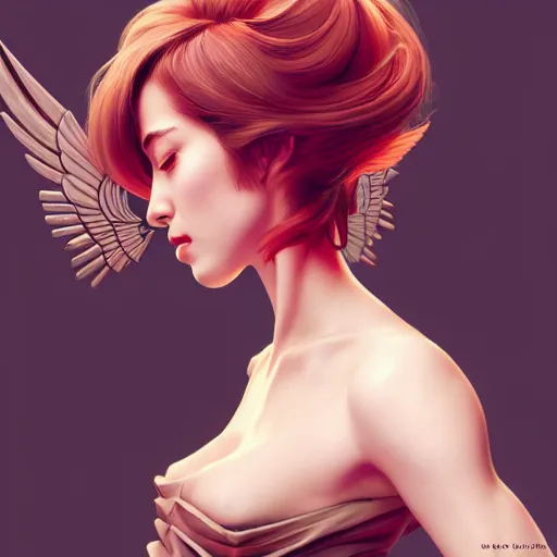 Prompt: 3 / 4 view of a portrait of a woman with wings with wings, confident pose, genshin impact, digital art,, concept art, smooth, sharp focus, illustration, trending on artstation, highly detailed, concept art, trevor carlton, trending on artstation, artgerm, anime imax 7 0 mm, h 6 4 0