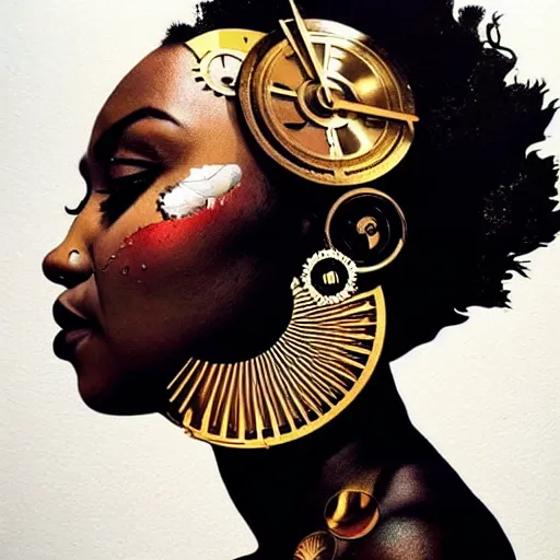 Image similar to portrait and side profile of a black woman :: side profile :: in ocean :: clockwork details :: gold :: blood and horror :: by vikings and Sandra Chevrier
