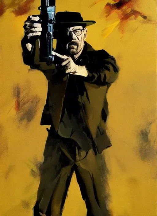 Prompt: walter white holding gun, painting by phil hale, francisco goya,'action lines '!!!, graphic style, visible brushstrokes, motion blur, blurry
