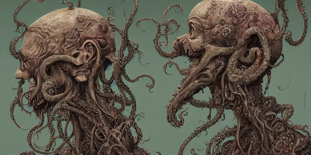 Image similar to centered horrifying detailed side view profile portrait of a insane, crazed, mad old bald zombie, cthulhu, eldritch abomination, dunwitch horror, ornate tentacles growing around, ornamentation, thorns, vines, tentacles, elegant, beautifully soft lit, full frame, 8 k by wayne barlowe, peter mohrbacher, kelly mckernan, h r giger