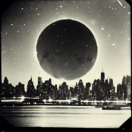Prompt: vintage photo of the moon exploding over New York City, 8mm film