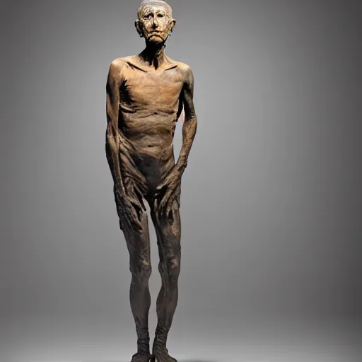 Image similar to hyperrealistic sculpture of a fossilized bronze chinese prisoner by ron mueck and duane hanson and giacometti and elizabeth frink, patina, hyperrealistic dramatic lighting 8 k