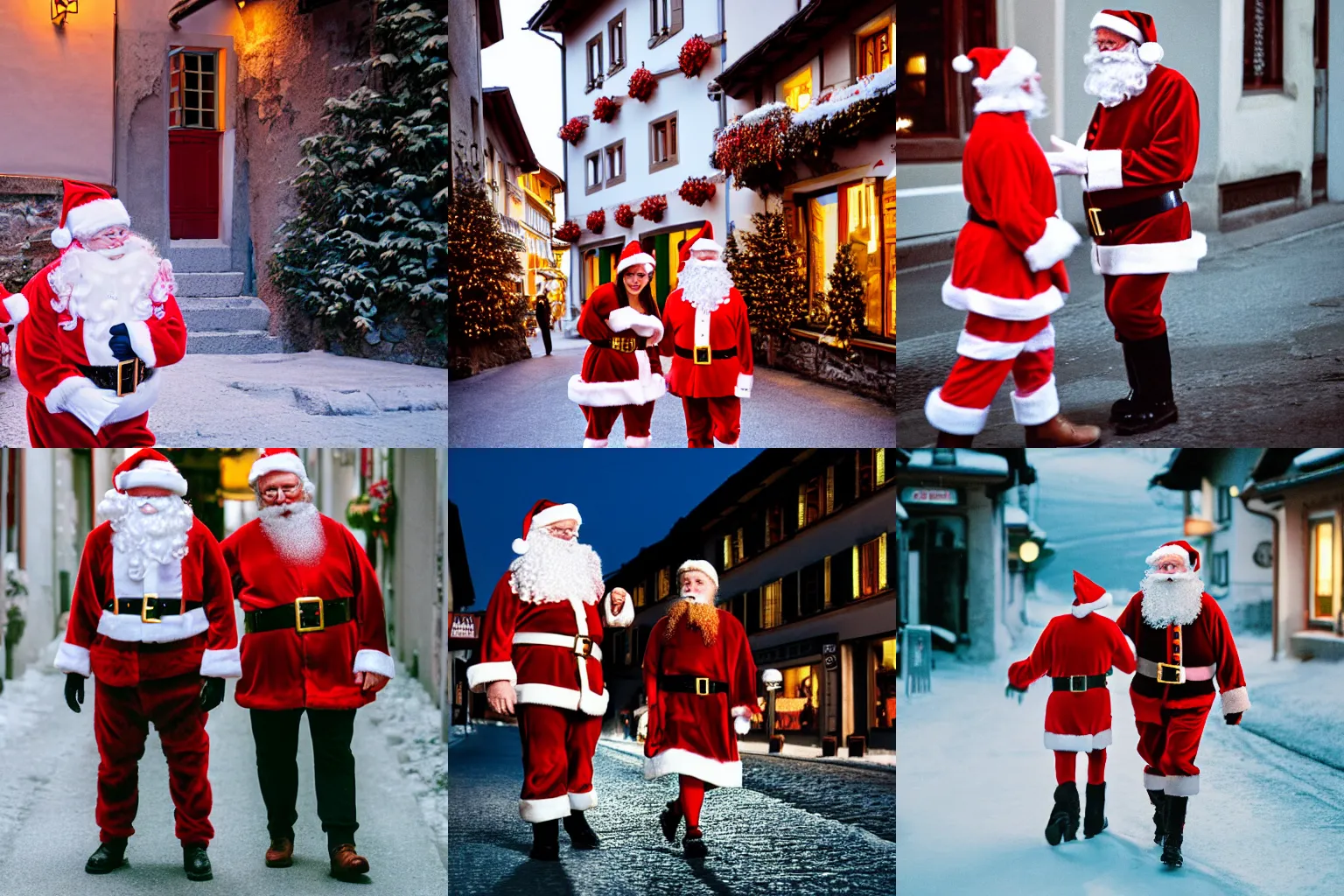 Prompt: Santa Claus and Schmutzli wandering the Swiss streets at twilight, sigma 80mm