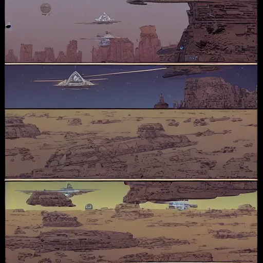 Image similar to Star Wars landscape in the style of comic artist Moebius