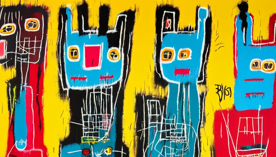 Image similar to highly detailed contemporary acrylic painting of really tall sitting cats by jean - michel basquiat, thick brush strokes and visible paint layers, dense overgrown forest background, vivid pastel color scheme