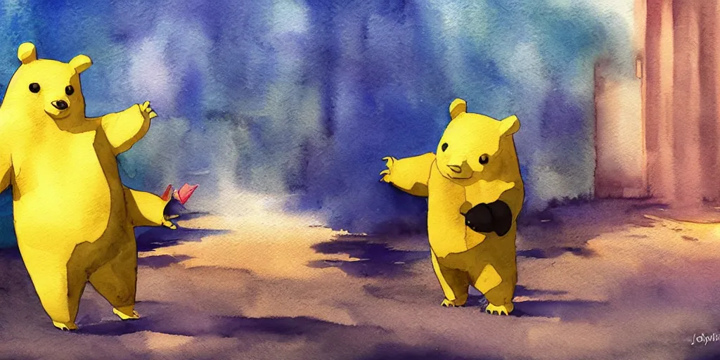 Image similar to drowzee making a dream, watercolor, cinematic feeling, warm lighting, vivid colours, cute ， joseph zbukvic