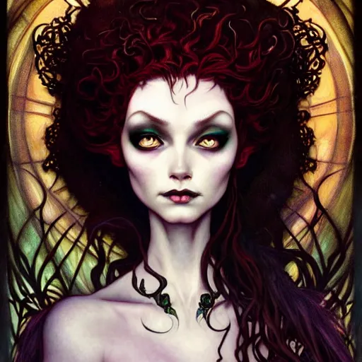 Prompt: a dark gothic version of Princess Merida, face, fantasy, intricate, elegant, highly detailed, digital painting, artstation, concept art, smooth, sharp focus, illustration, art by Gerald Brom and Jasmine Becket-Griffith and Fernanda Suarez and alphonse mucha