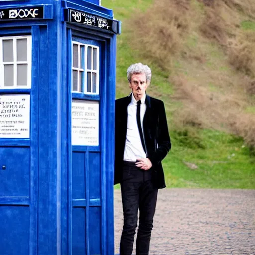 Image similar to award winning photography of peter capaldi portraing Doctor Who, sitting on the door step of the TARDIS with the door open while he looks at planet earth from space