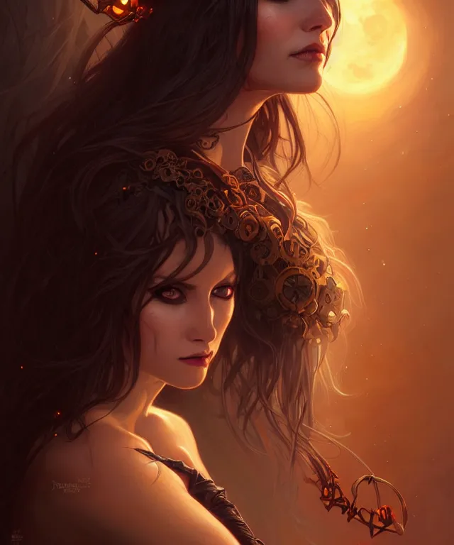 Image similar to Halloween woman portrait, sci-fi, amber eyes, face, long hair, fantasy, intricate, elegant, highly detailed, digital painting, artstation, concept art, smooth, sharp focus, illustration, art by artgerm and greg rutkowski and alphonse mucha