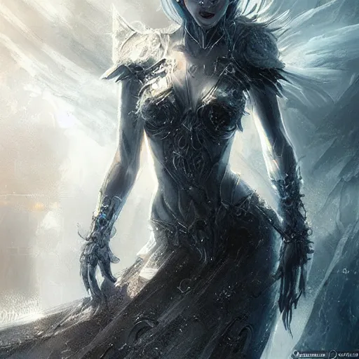 Image similar to ice queen, darkwave, darksynth, concept art, sharp, digital matte painting, art by luis royo, greg rutkowski, wlop, dramatic lighting, trending on artstation