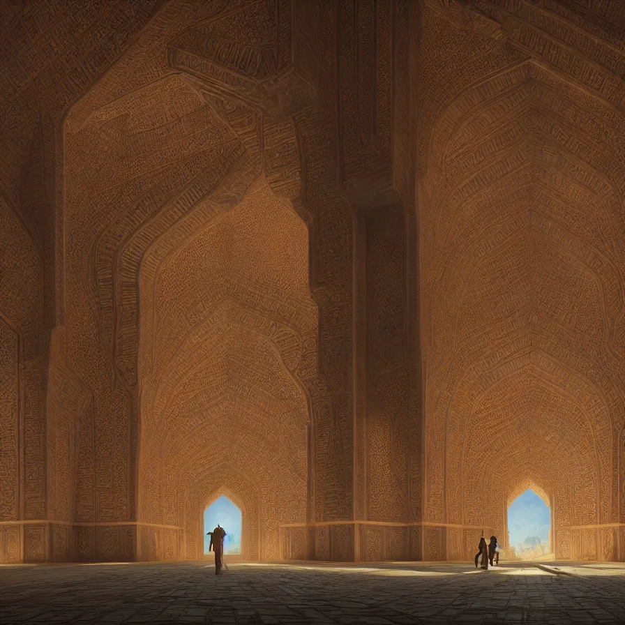 Prompt: the inside of a monument with mughal motifs, by tim blandin and arthur haas and bruce pennington and john schoenherr, big windows architecture by zaha hadid, octane render, cinematic, scenery, cgsociety, modernism, futuristic, trending on artstation, sci - fi, high detail, high quality, close up angle, people walking