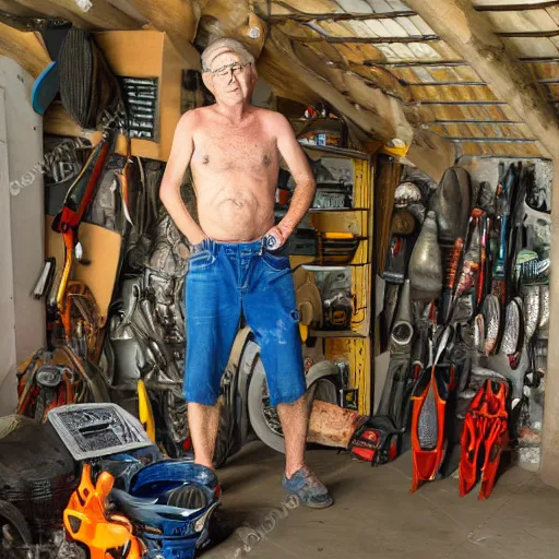 Image similar to mollusk man, posing in his garage, detailed photo