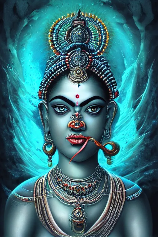 Image similar to a profile photo real render of an hindu goddess kali with digital modifications surrounded by a underwater ink pour and flowing liquid gallium and complex sacred geometry, perfect body and face, powerful, cinematic, beautifully lit, by artgerm, by karol bak, 3 d, trending on artstation, octane render, 8 k