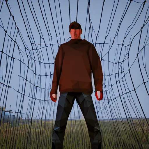 Image similar to a high wire fence looming over a man, low poly, dystopian art, 2 d game art