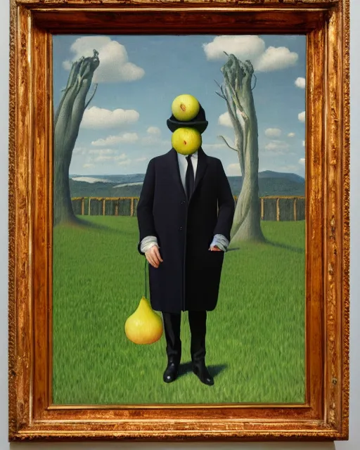 Prompt: painting of a man with a kiwifruit covering his face, wearing a bowler hat and overcoat, standing in front of the post-apocalypse, oil on canvas, by René Magritte