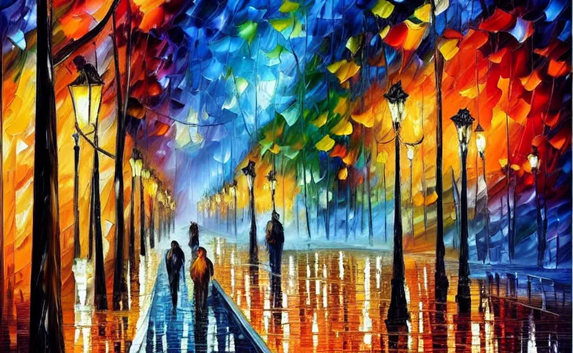 Prompt: walking downtown at night by leonid afremov, oil painting on canvas, intricate details!!!, fine brush!!!!!!