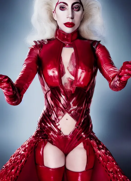 Image similar to photoshoot of lady gaga as the scarlet witch in wandavision , magazine, High resolution. Highly detailed. Dramatic. 8k.4k.