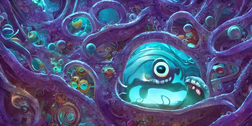 Image similar to of an intricate deep sea with strange cute friendly happy creatures with huge eyes, long tongue, round teeth and goofy funny face, appearing from the background, in the style of gehry and gaudi, macro lens, shallow depth of field, ultra detailed, digital painting, trending artstation, concept art, illustration, cinematic lighting, photorealism, epic, octane render