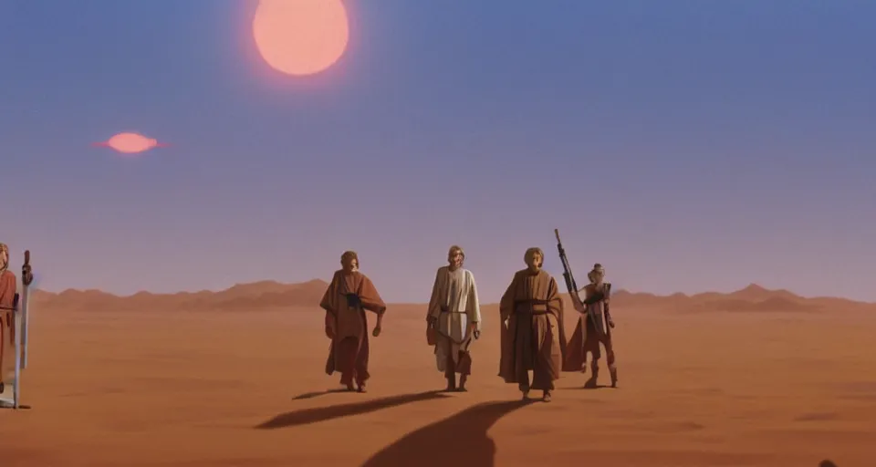 Image similar to beautiful wide shot tatooine landscape, obi wan kenobi, Luke skywalker, Star Wars a new hope 1977, studio ghibli, Miyazaki, Greg rutkowski, Jean girard, Moebius , animation, golden hour, highly detailed, 70mm